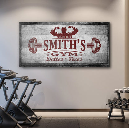 Gym Sign VI canvas by Tailored Canvases with gray background and red gym logo Dallas on Tampa Home & Garden Store