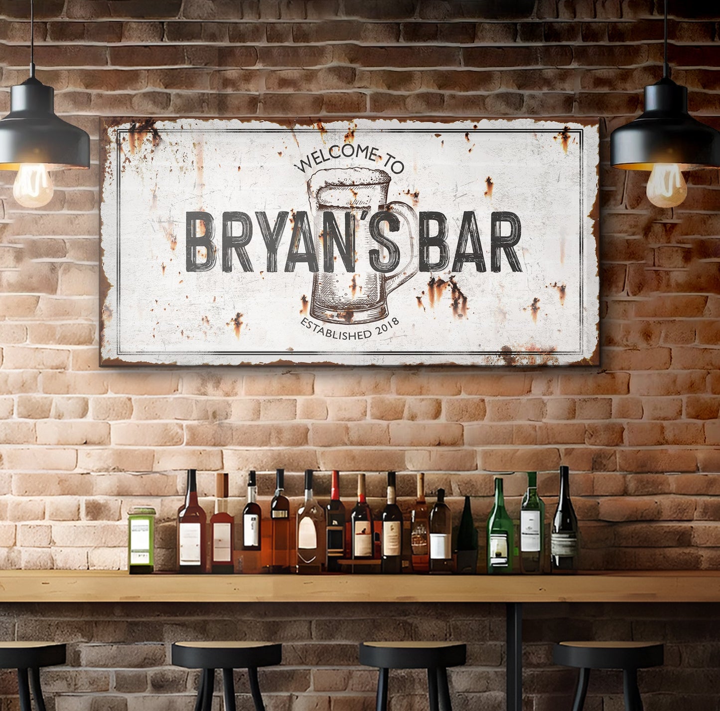 Beer Barrel Bar Sign II canvas with distressed white sign and beer mug graphic on brick wall on Tampa Home & Garden Store