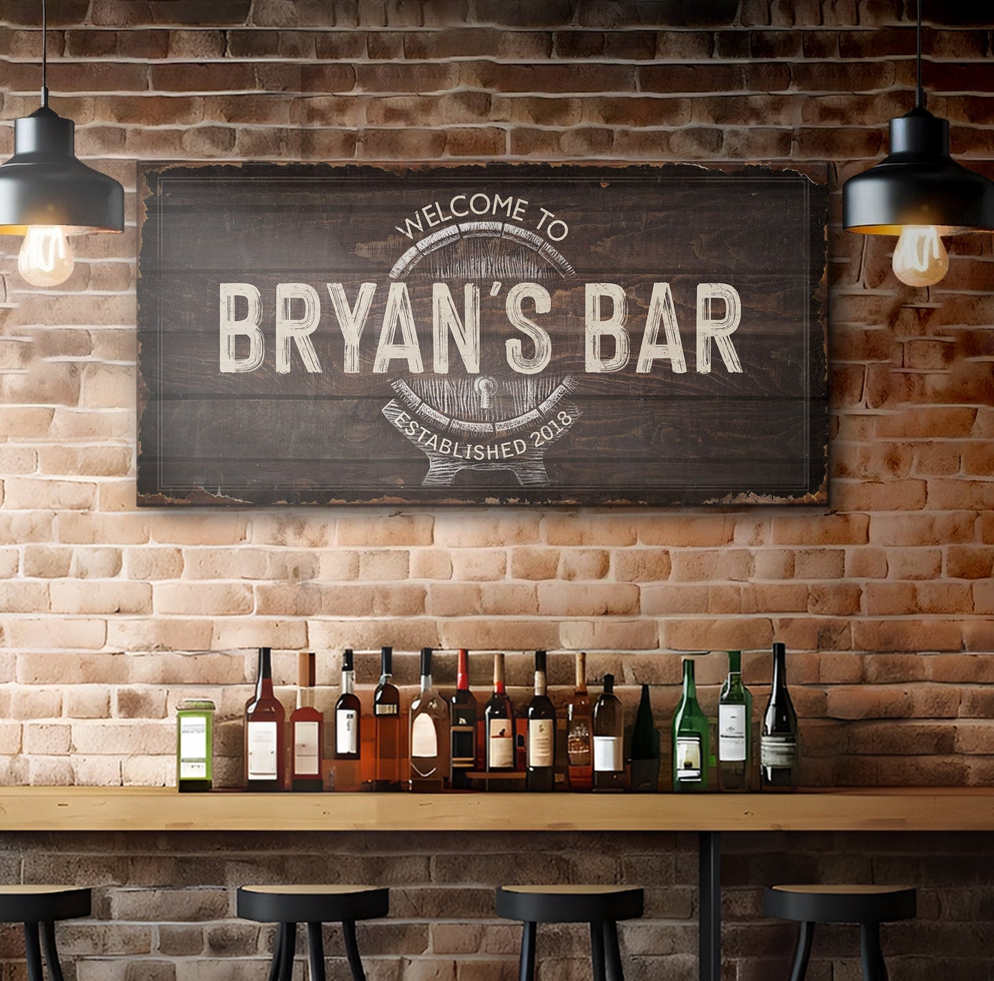 Beer Barrel Bar Sign canvas by Tailored Canvases, dark wood with distressed white lettering on Tampa Home & Garden Store
