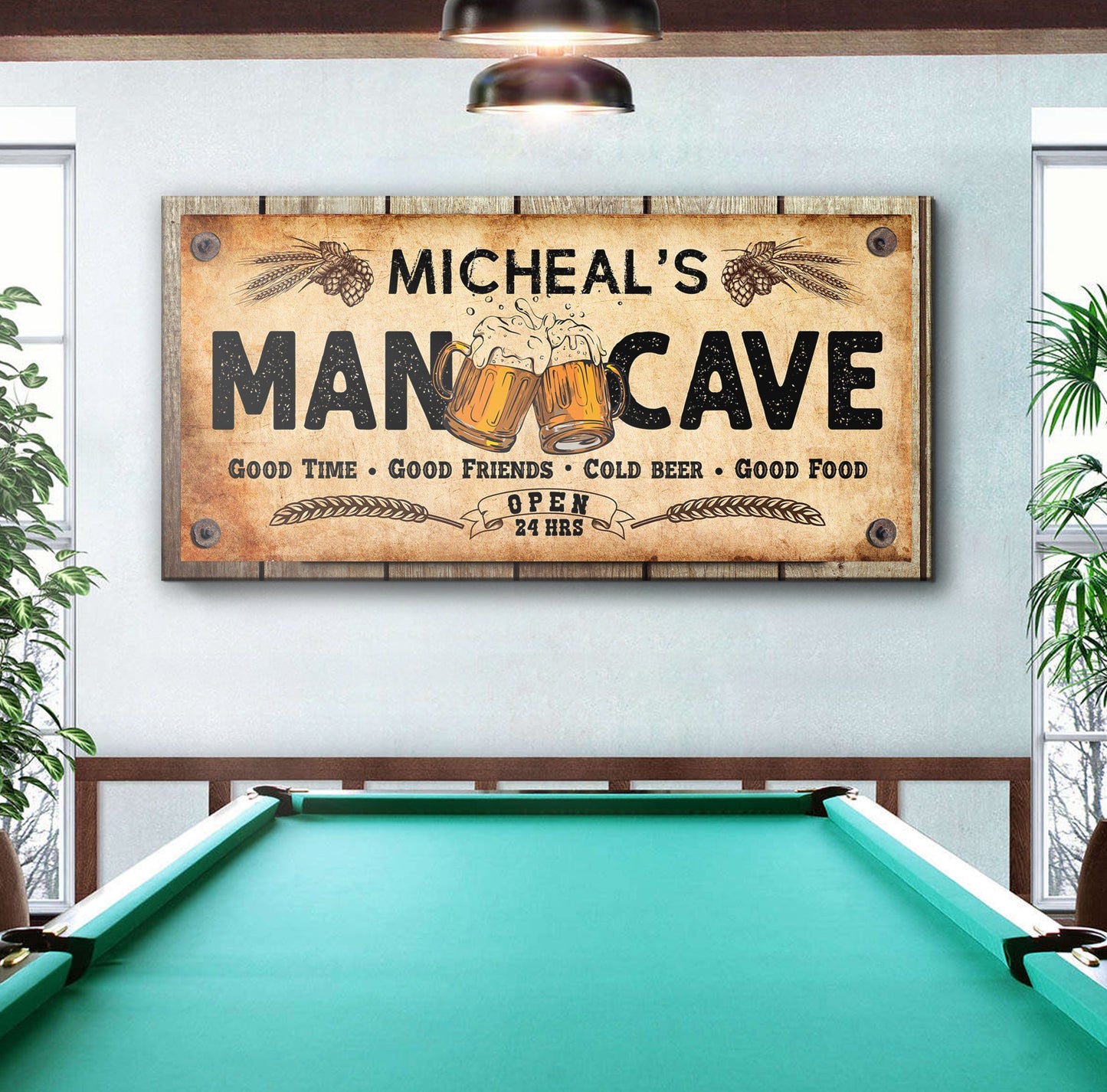 Man Cave Sign IV canvas by Tailored Canvases with parchment background and beer mugs accents on Tampa Home & Garden Store