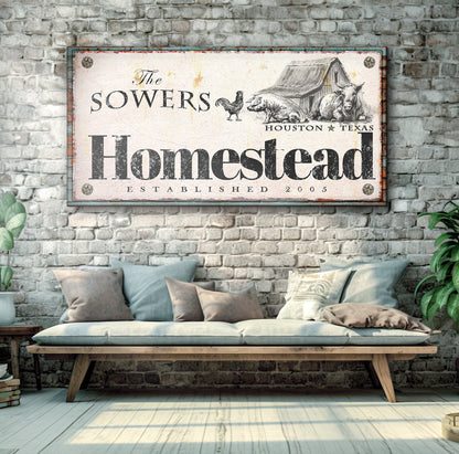 Homestead Sign III canvas with barn, rooster and pig farm scene in vintage style on Tampa Home & Garden Store
