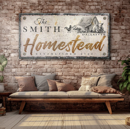 Homestead Sign IV canvas decor on brick wall with farm motif Tailored Canvases on Tampa Home & Garden Store