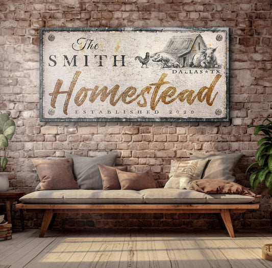 Homestead Sign IV canvas decor on brick wall with farm motif Tailored Canvases on Tampa Home & Garden Store