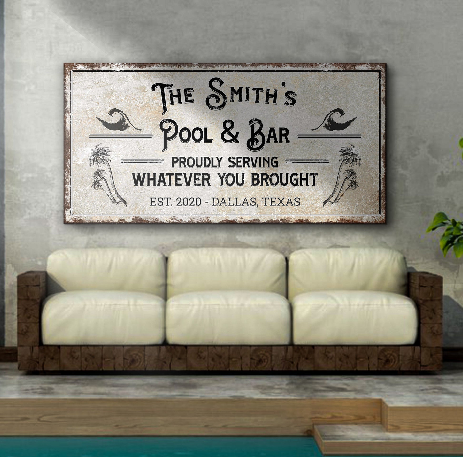 Personalized Rustic Pool Sign canvas with palm accents by Tailored Canvases on Tampa Home & Garden Store