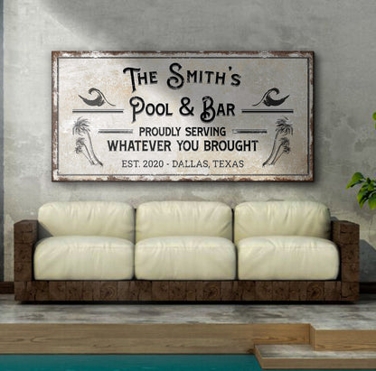 Personalized Rustic Pool Sign canvas with palm accents by Tailored Canvases on Tampa Home & Garden Store