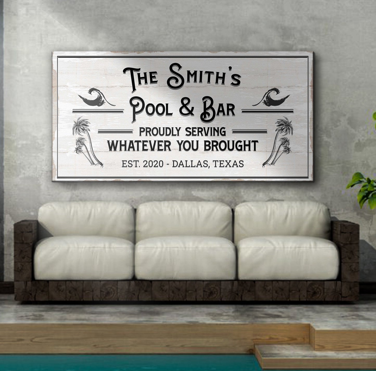 Personalized Rustic Pool And Bar Sign III canvas with whitewashed wood and palm accents on Tampa Home & Garden Store