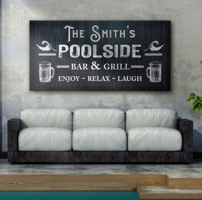 Personalized poolside sign II canvas with chalkboard lettering and beer mugs on wall above sofa on Tampa Home & Garden Store
