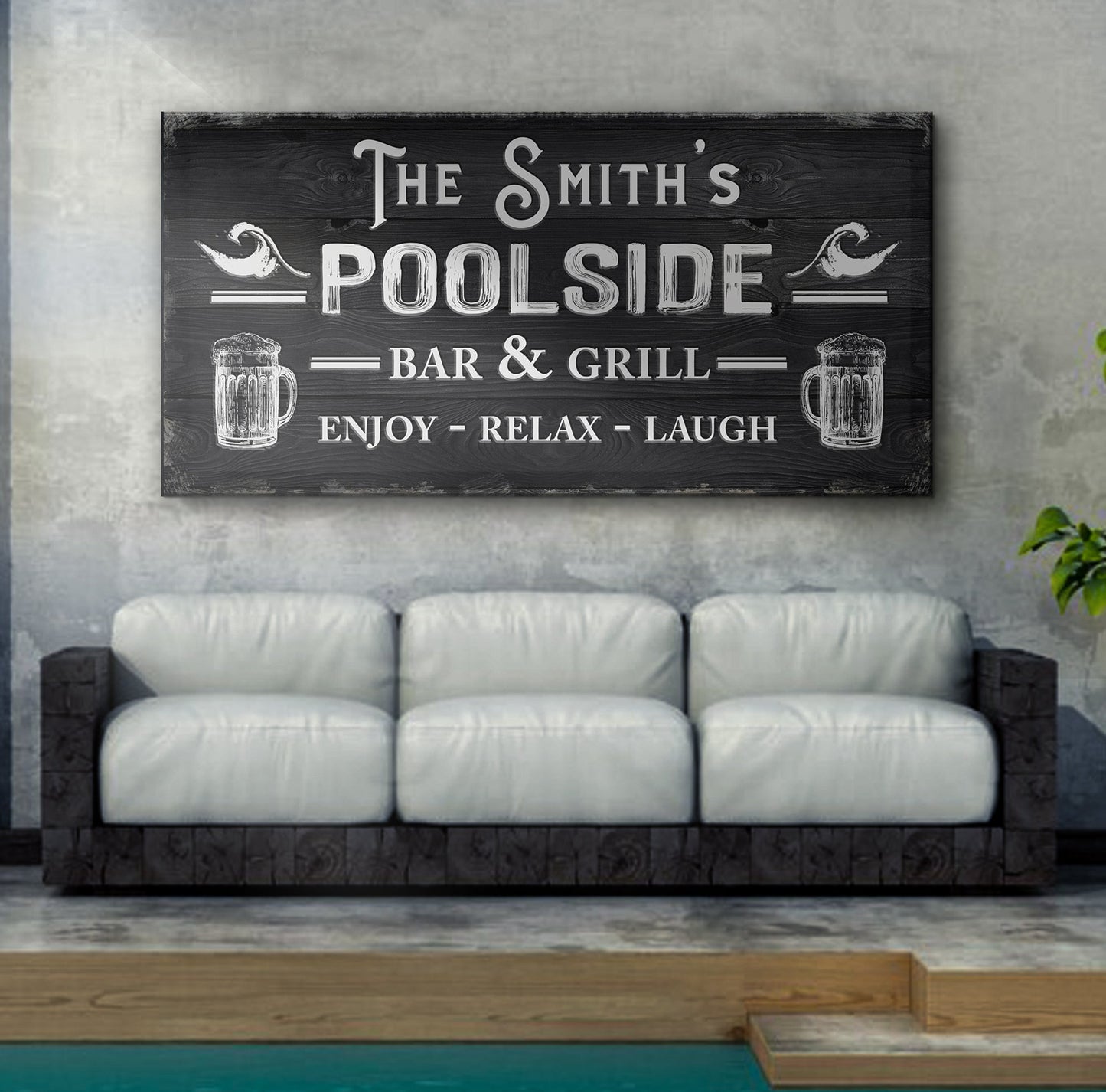 Personalized Poolside Bar & Grill Sign III canvas with white lettering on black board on Tampa Home & Garden Store