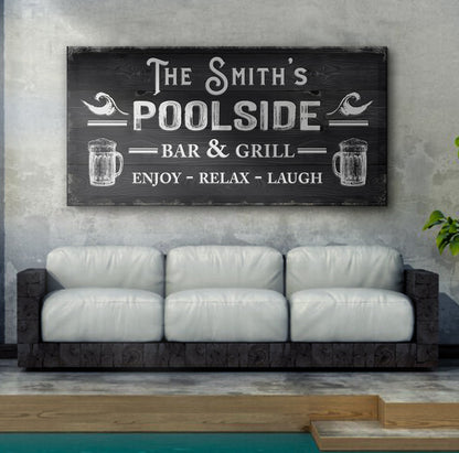 Personalized Poolside Bar & Grill Sign III canvas with white lettering on black board on Tampa Home & Garden Store