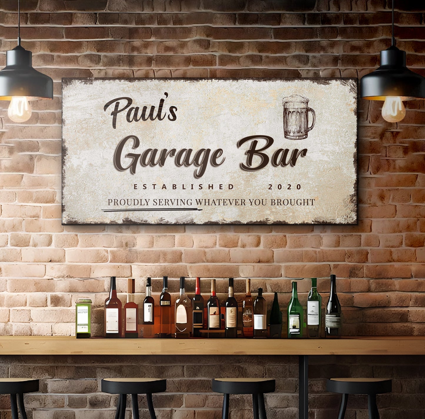 Garage Bar Sign VIII canvas by Tailored Canvases with rustic beige finish and beer mug motif on Tampa Home & Garden Store