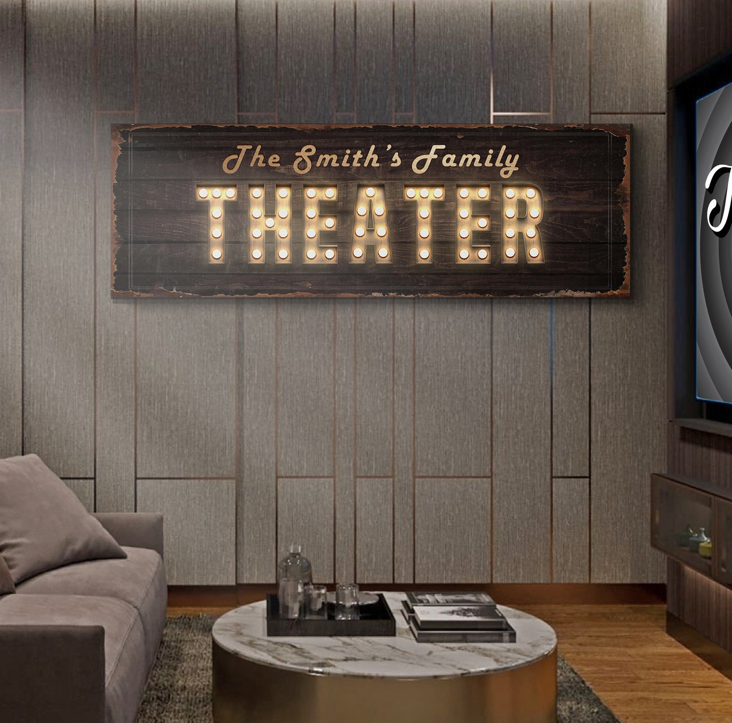Theater Sign III rustic wood plaque with glowing marquee THEATER Tailored Canvases on Tampa Home & Garden Store