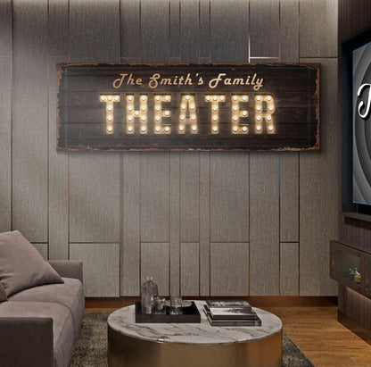 Theater Sign III rustic wood plaque with glowing marquee THEATER Tailored Canvases on Tampa Home & Garden Store