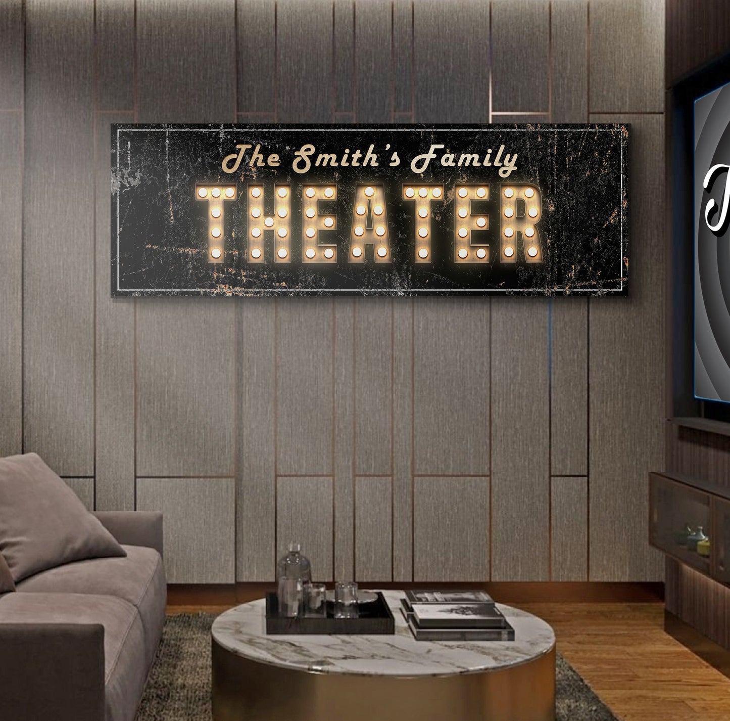 Theater Sign IV canvas by Tailored Canvases, distressed black marquee with bulb letters on Tampa Home & Garden Store