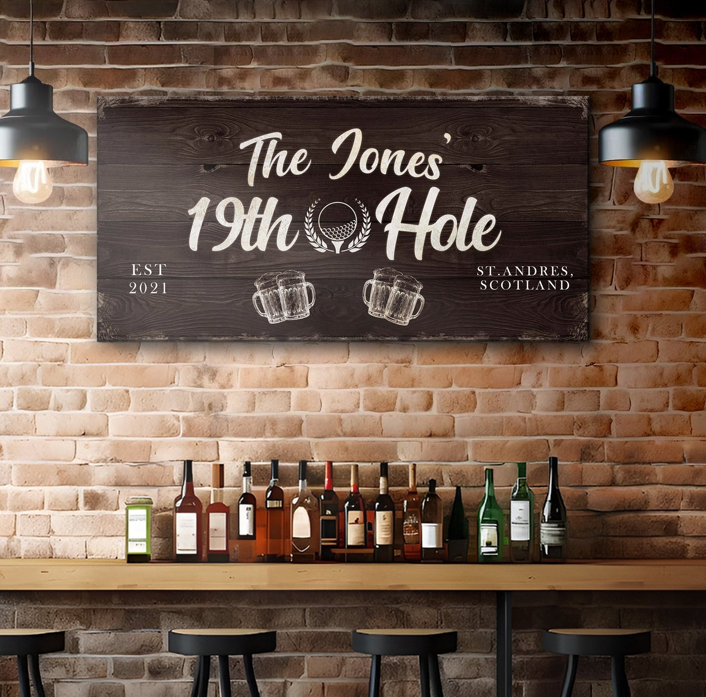 Canvas sign The Jones 19th Hole with white script on dark wood grain and beer mug graphics on Tampa Home & Garden Store