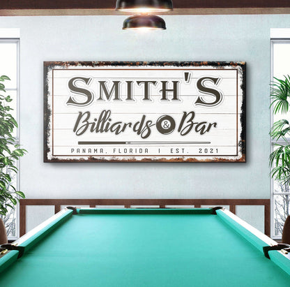 Canvas Billiards And Bar sign by Tailored Canvases, rustic white wood panel with Smith's Billiards & Bar typography on Tampa Home & Garden Store
