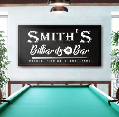 Canvas Billiards And Bar Sign II by Tailored Canvases, script on black chalkboard above pool table on Tampa Home & Garden Store