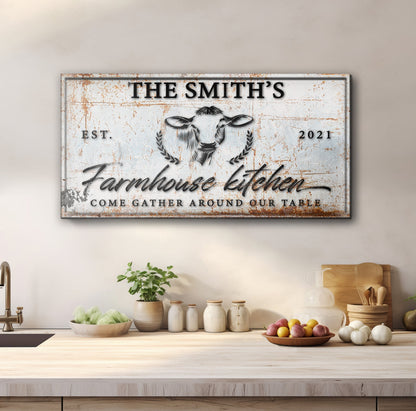 Farmhouse Kitchen Sign canvas wall art with distressed white finish on Tampa Home & Garden Store
