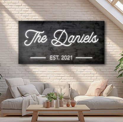 Family Name Sign V canvas neon script The Daniels on black textured background EST 2021 on Tampa Home & Garden Store