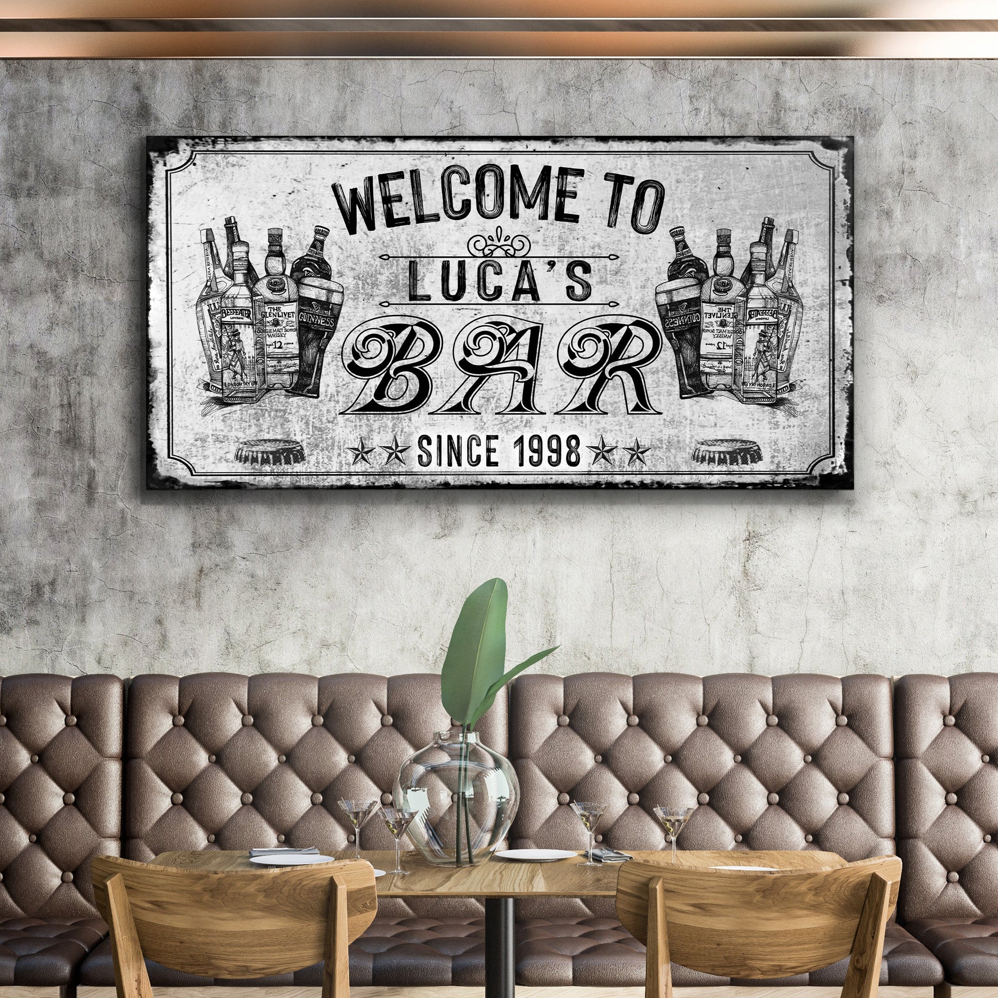 Bar Sign VI canvas print with vintage bottle illustrations in black and white Tailored Canvases on Tampa Home & Garden Store