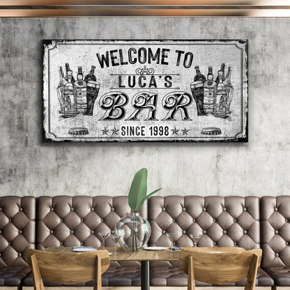 Bar Sign VI canvas print with vintage bottle illustrations in black and white Tailored Canvases on Tampa Home & Garden Store