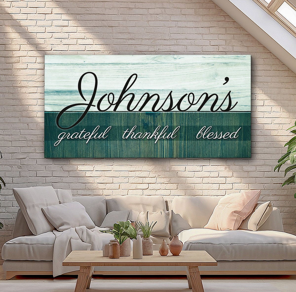 Family Grateful Sign III canvas wall art with pale teal distressed wood panel and black script on Tampa Home & Garden Store