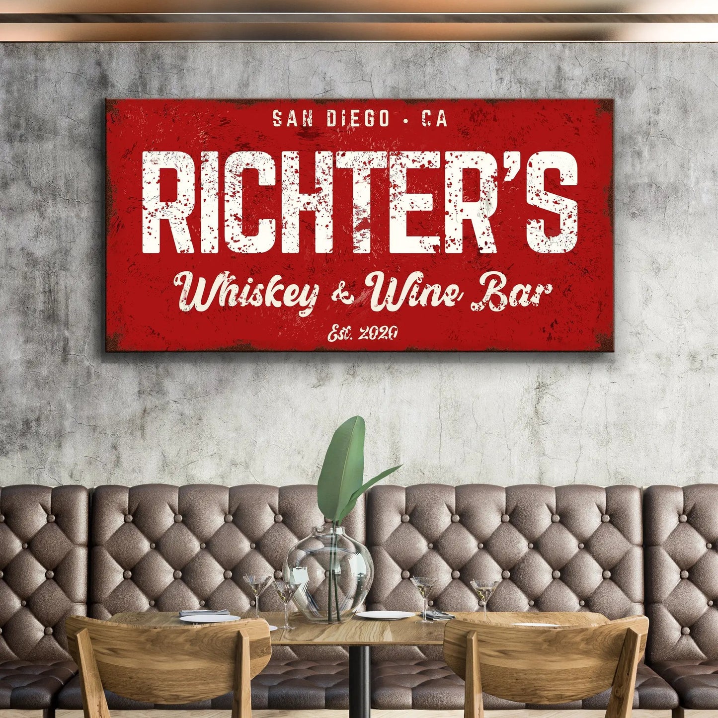 Whiskey And Wine Bar Sign III canvas with distressed white lettering on a red background on Tampa Home & Garden Store