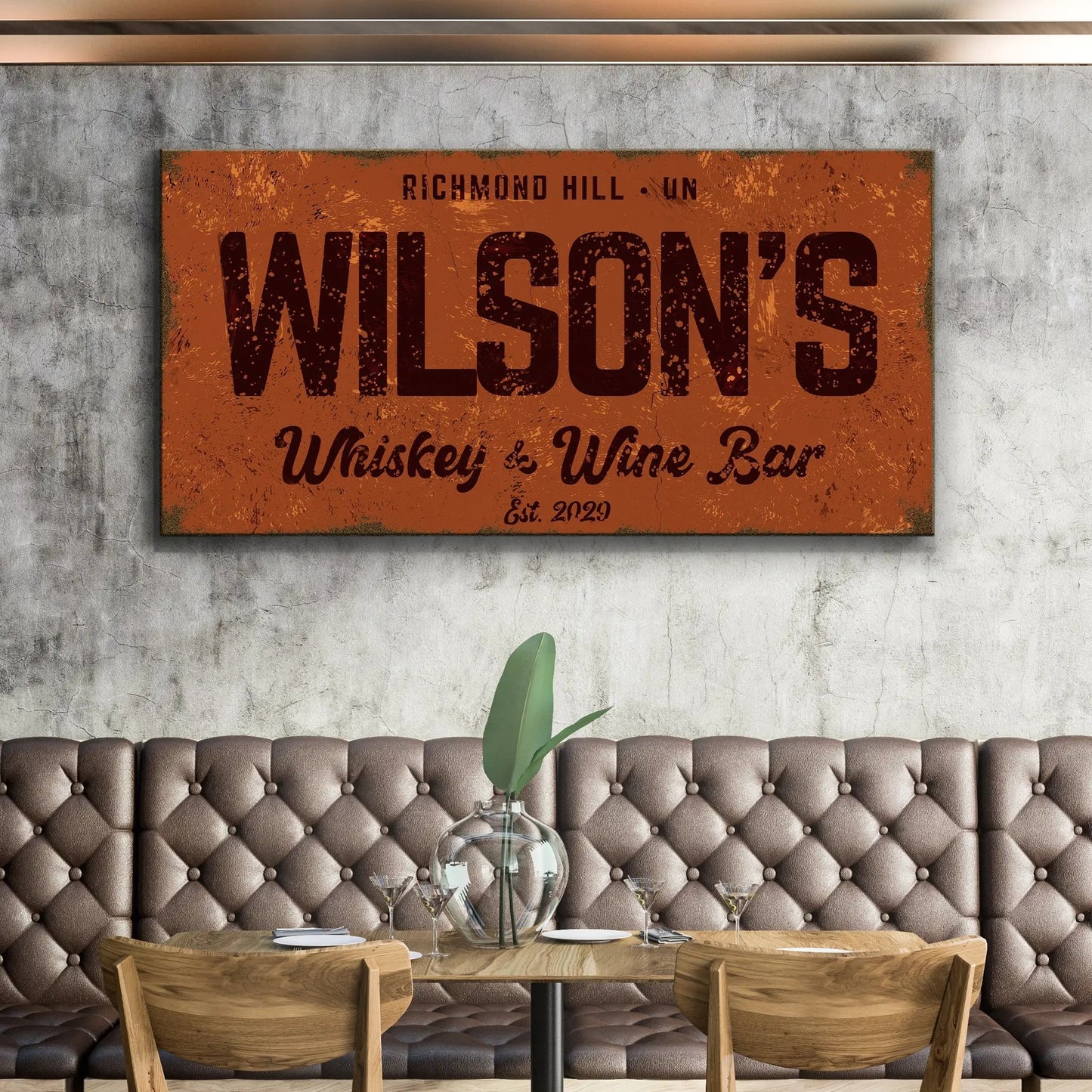 Whiskey and Wine Bar canvas sign in distressed orange by Tailored Canvases on Tampa Home & Garden Store