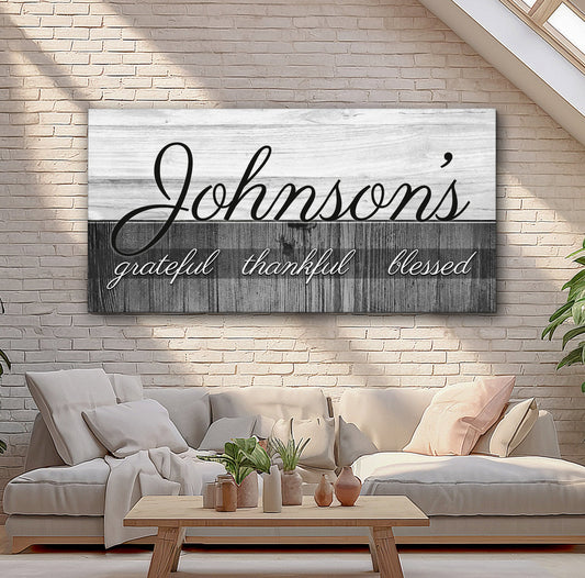 Family Grateful Sign canvas by Tailored Canvases with whitewashed top and dark bottom panels on Tampa Home & Garden Store