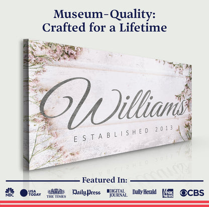 Family Name Sign canvas by Tailored Canvases featuring a cursive surname on a floral pink border on Tampa Home & Garden Store