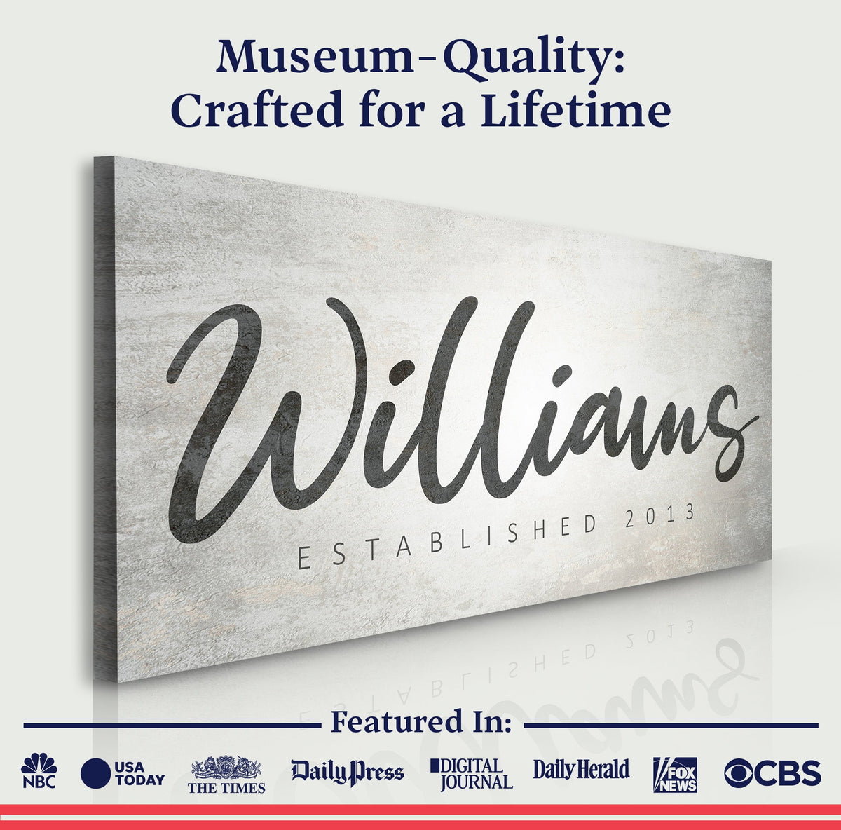 Family Name Sign IV canvas by Tailored Canvases with black script Williams on backdrop on Tampa Home & Garden Store