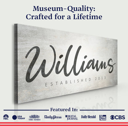 Family Name Sign IV canvas by Tailored Canvases with black script Williams on backdrop on Tampa Home & Garden Store