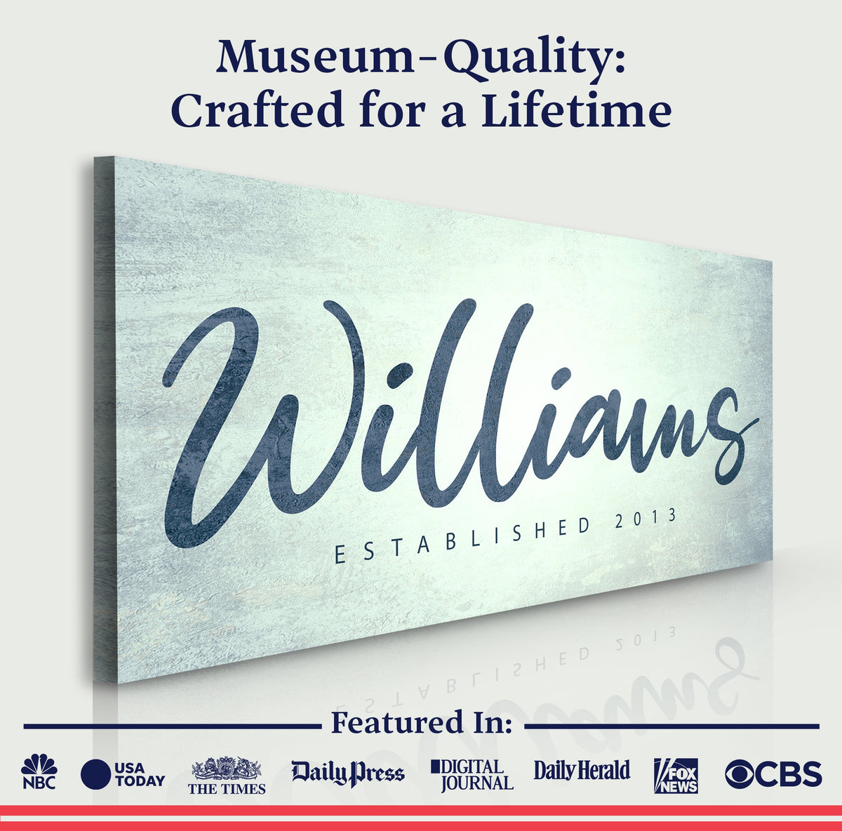 Family Name Sign V canvas by Tailored Canvases with navy script last name on blue canvas on Tampa Home & Garden Store