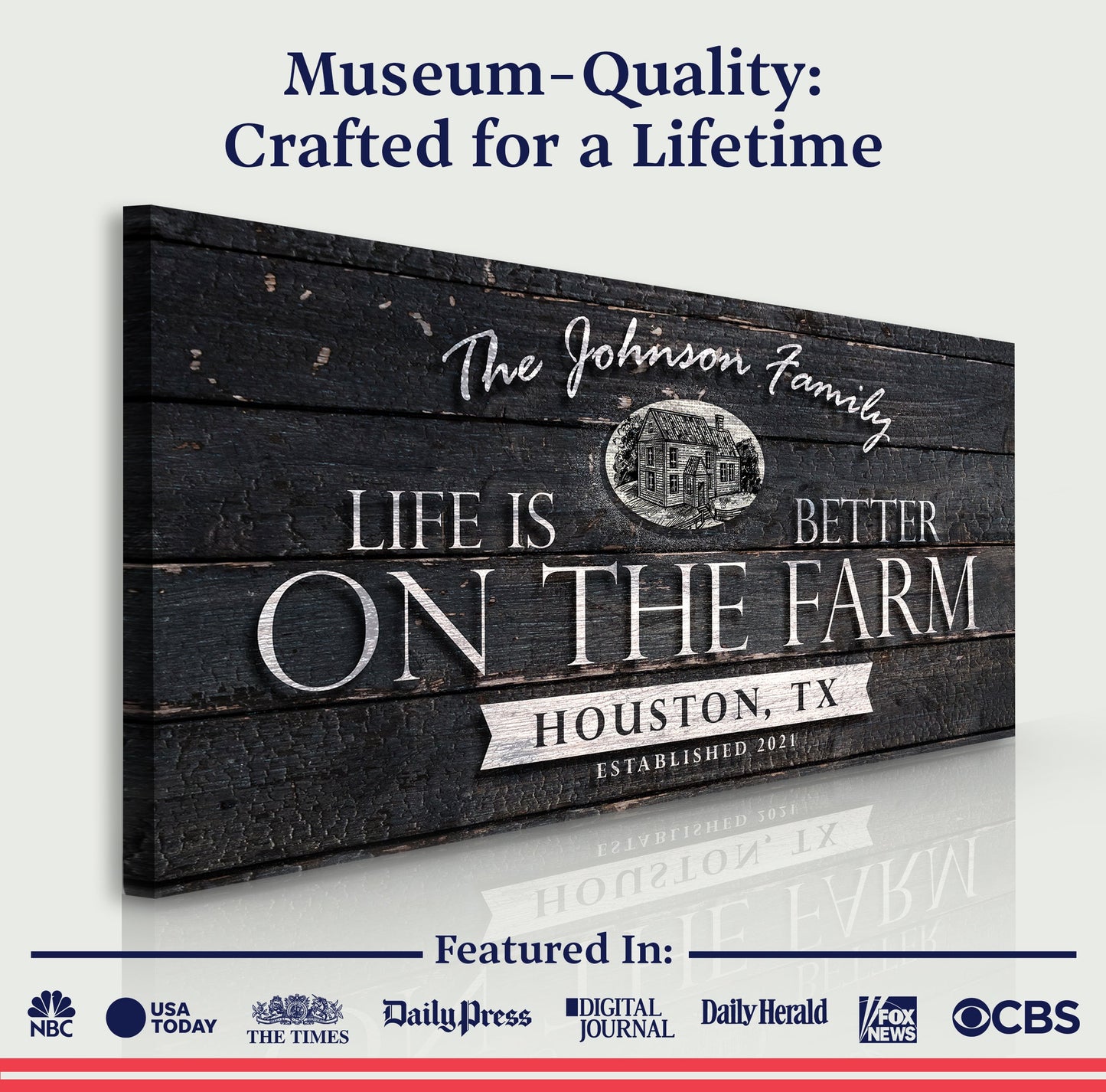 Life Is Better On The Farm sign canvas by Tailored Canvases, dark woodgrain plank print on Tampa Home & Garden Store