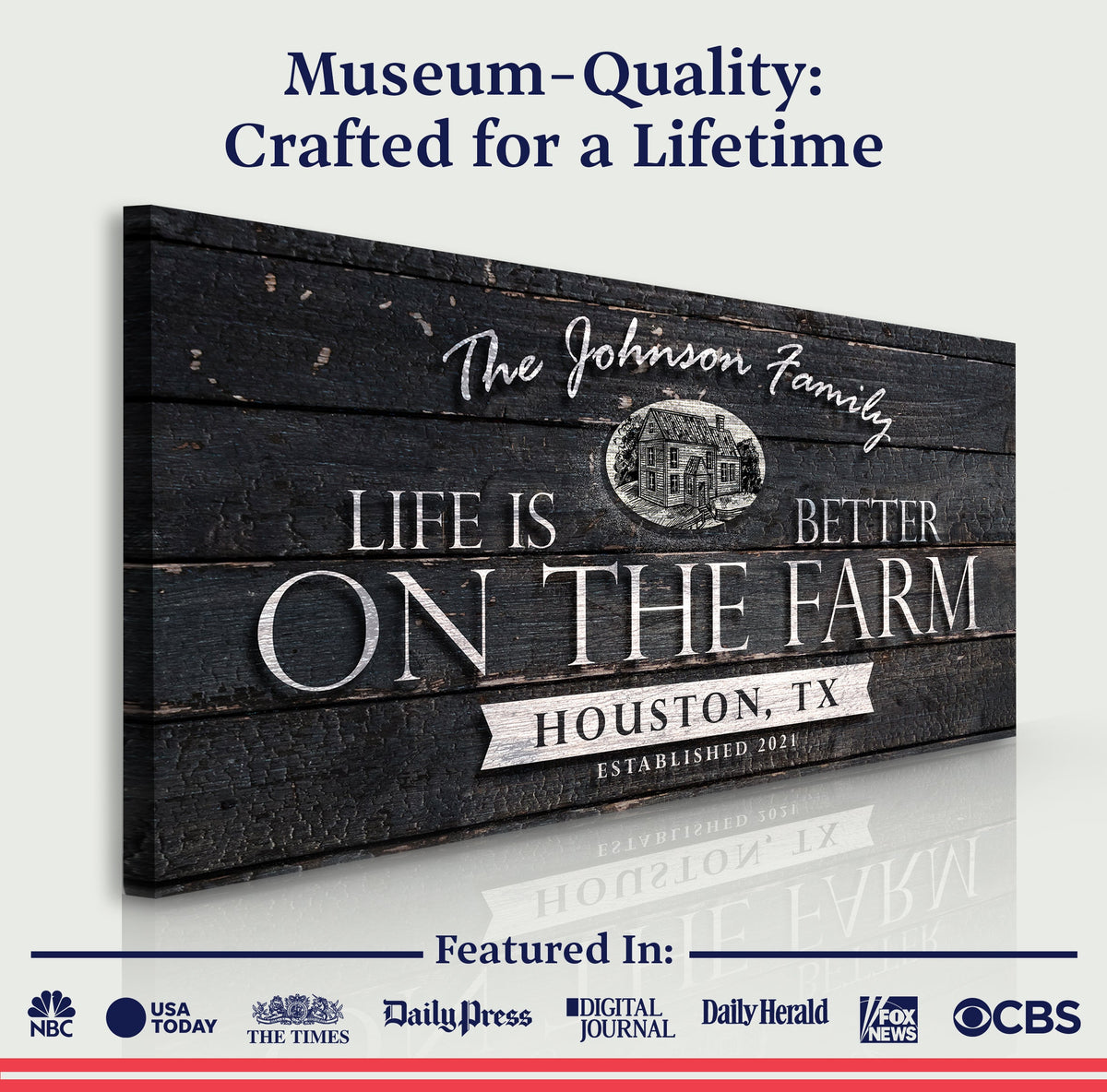 Life Is Better On The Farm sign canvas by Tailored Canvases, dark woodgrain plank print on Tampa Home & Garden Store