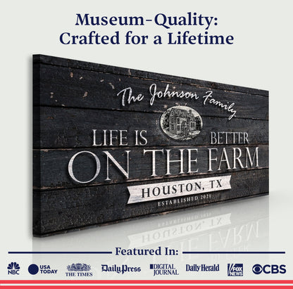 Life Is Better On The Farm sign canvas by Tailored Canvases, dark woodgrain plank print on Tampa Home & Garden Store