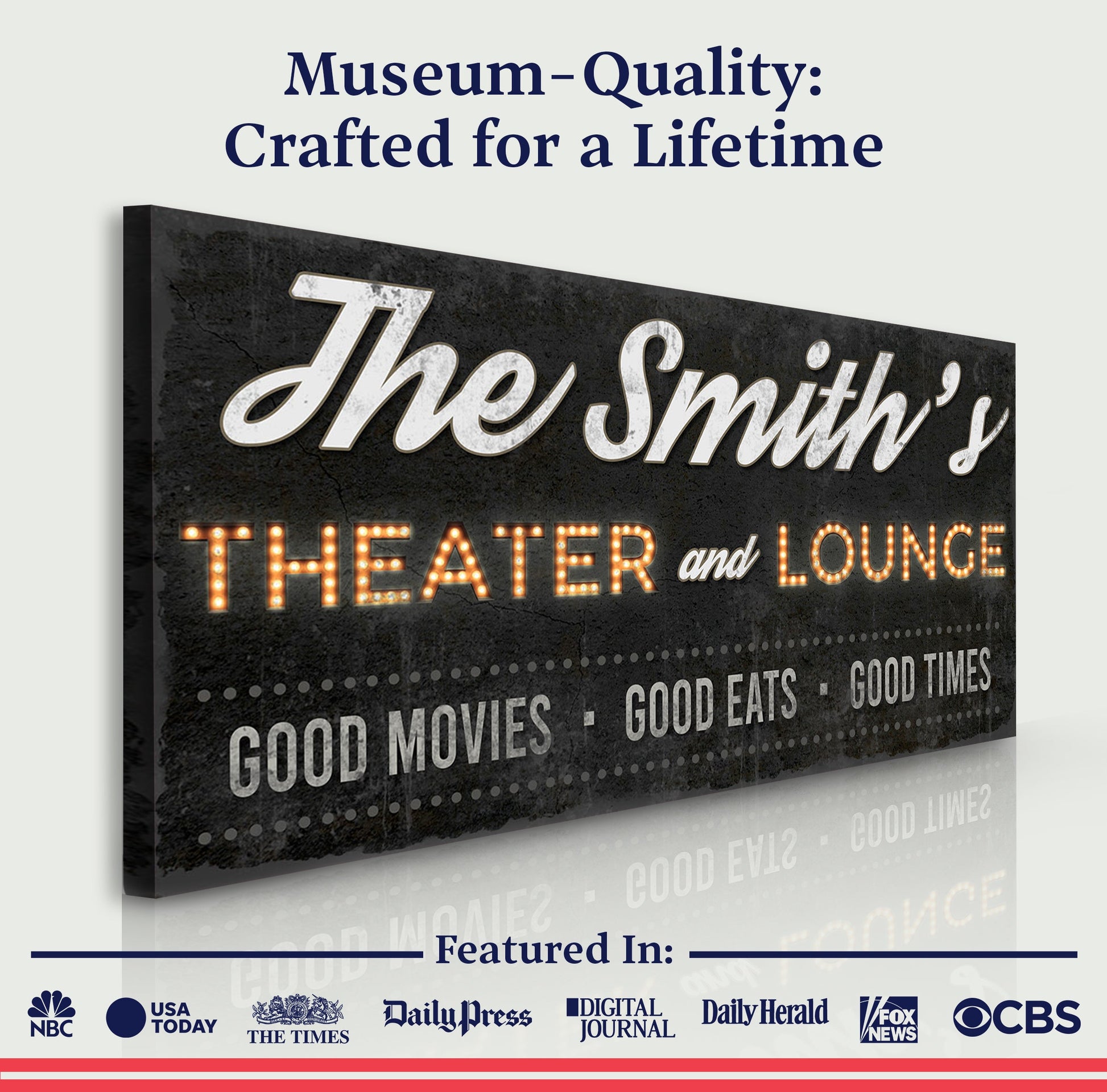 Tailored Canvases Family Theater and Lounge Sign canvas with black sign and marquee letters on Tampa Home & Garden Store
