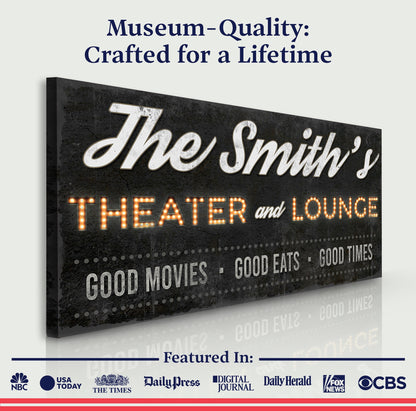 Tailored Canvases Family Theater and Lounge Sign canvas with black sign and marquee letters on Tampa Home & Garden Store