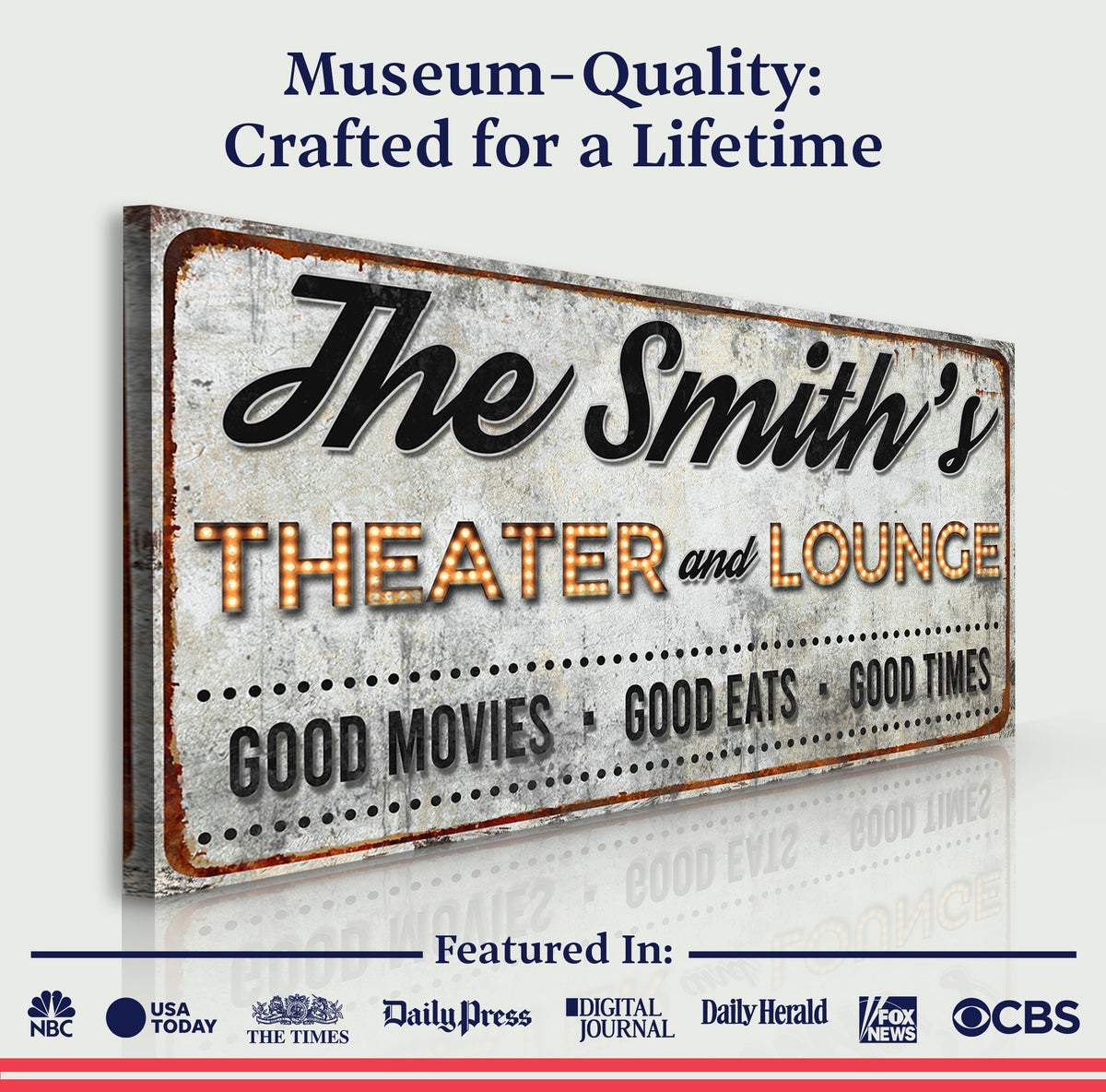 Family Theater and Lounge IV Sign canvas by Tailored Canvases, distressed sign with glowing text on Tampa Home & Garden Store