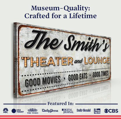 Family Theater and Lounge IV Sign canvas by Tailored Canvases, distressed sign with glowing text on Tampa Home & Garden Store