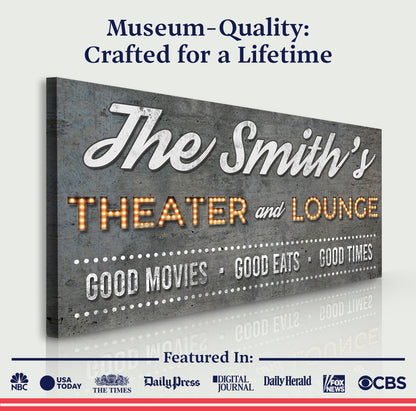 Family Theater and Lounge Sign V canvas by Tailored Canvases with marquee lettering on Tampa Home & Garden Store