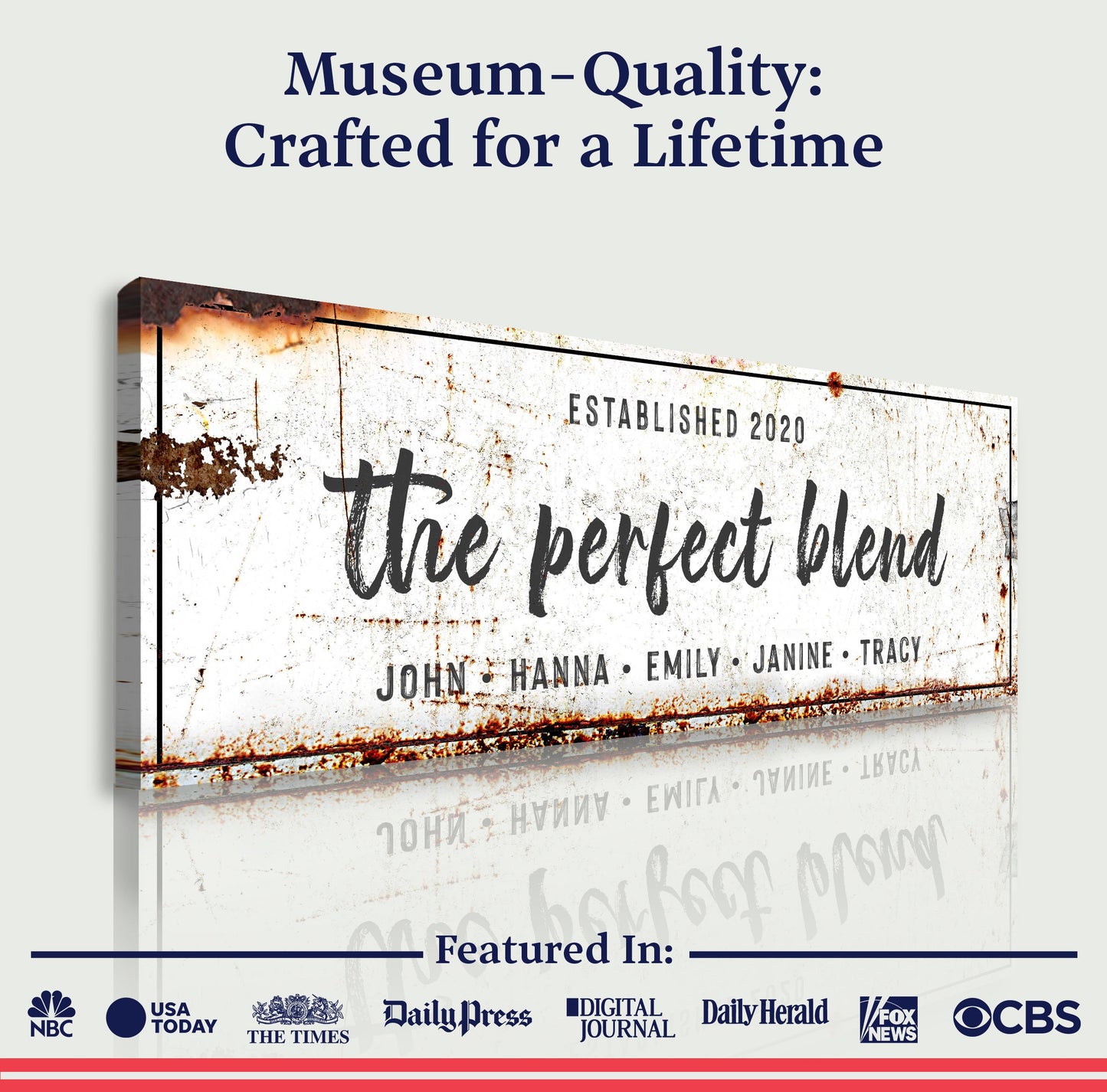 The Perfect Blend Sign canvas by Tailored Canvases with distressed texture and script lettering on Tampa Home & Garden Store