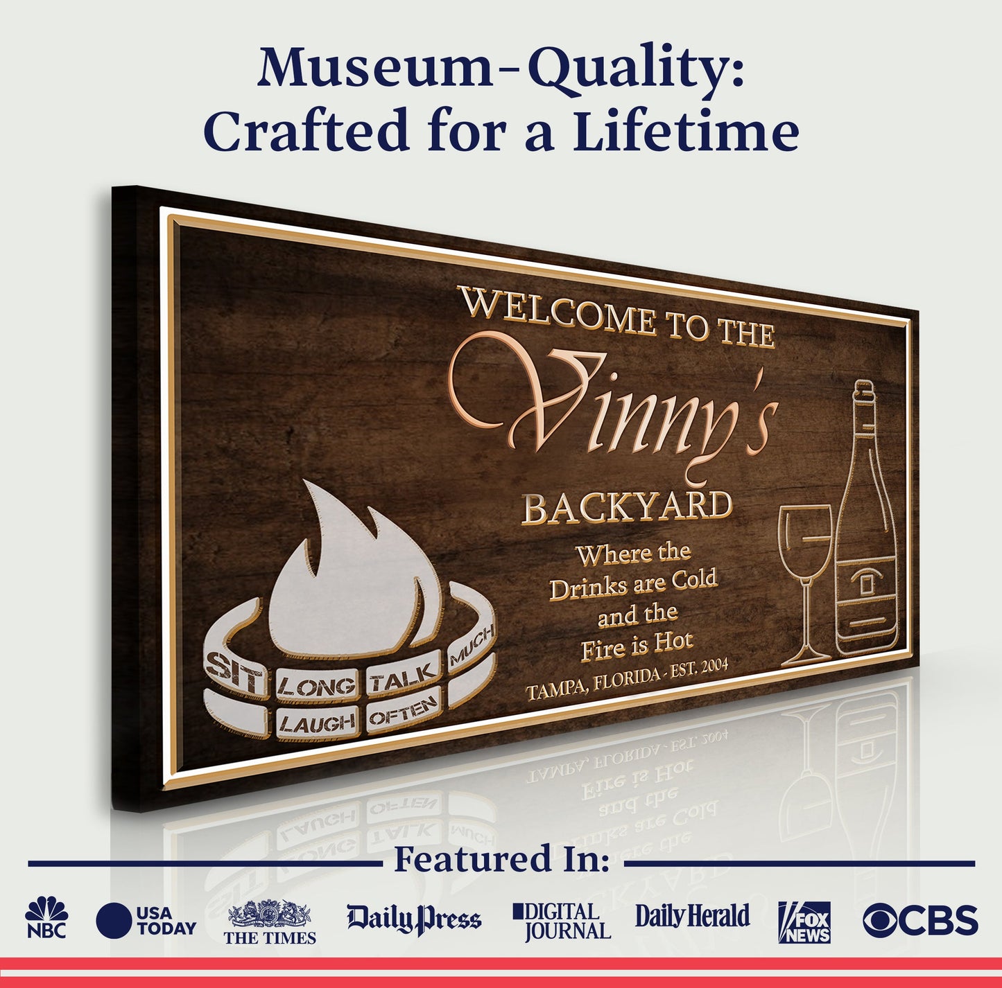 Backyard Sign II canvas by Tailored Canvases, brown with gold lettering and campfire graphic on Tampa Home & Garden Store