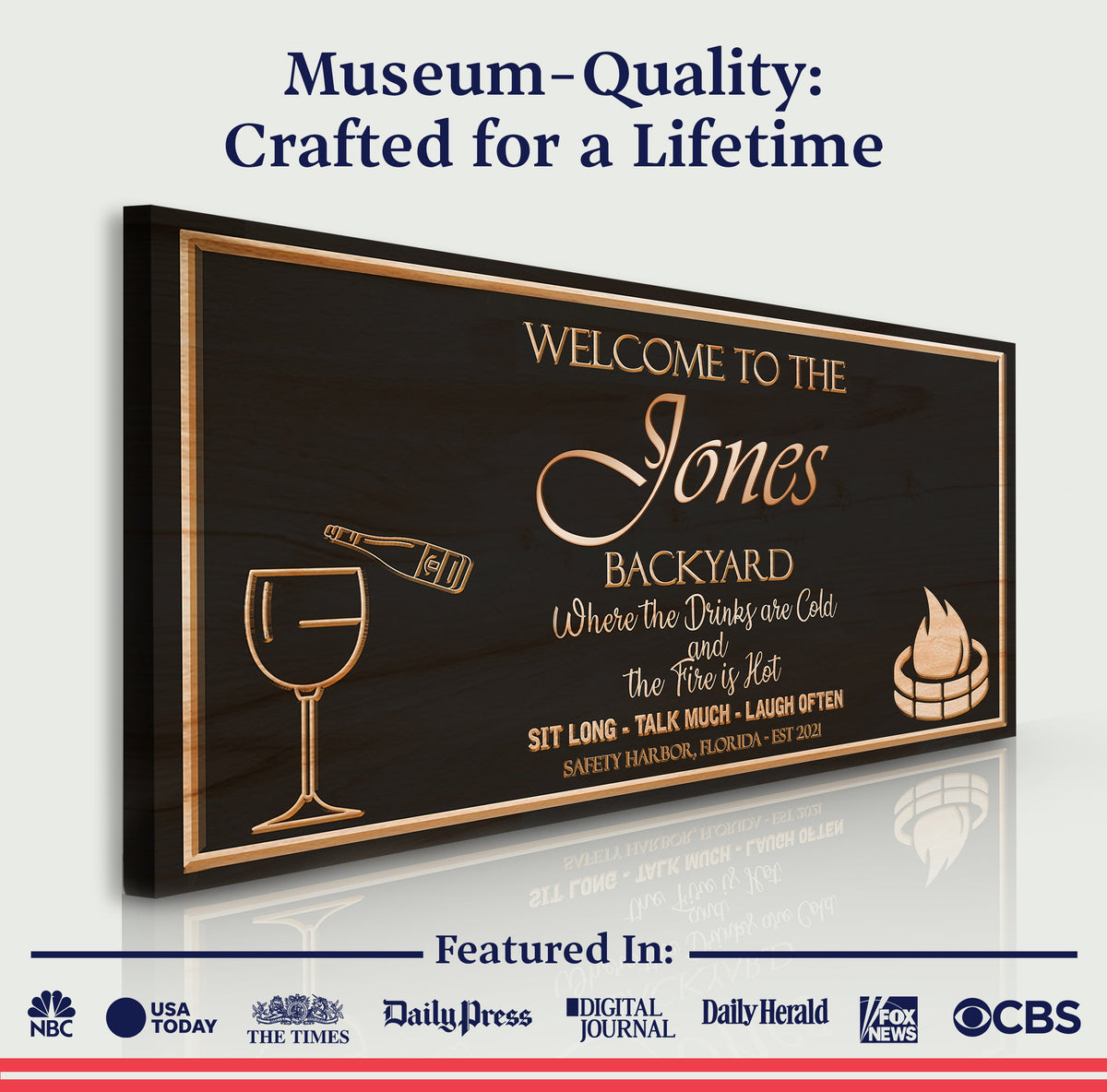 Backyard Sign canvas by Tailored Canvases with copper border on black background on Tampa Home & Garden Store