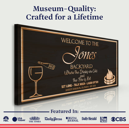 Backyard Sign canvas by Tailored Canvases with copper border on black background on Tampa Home & Garden Store