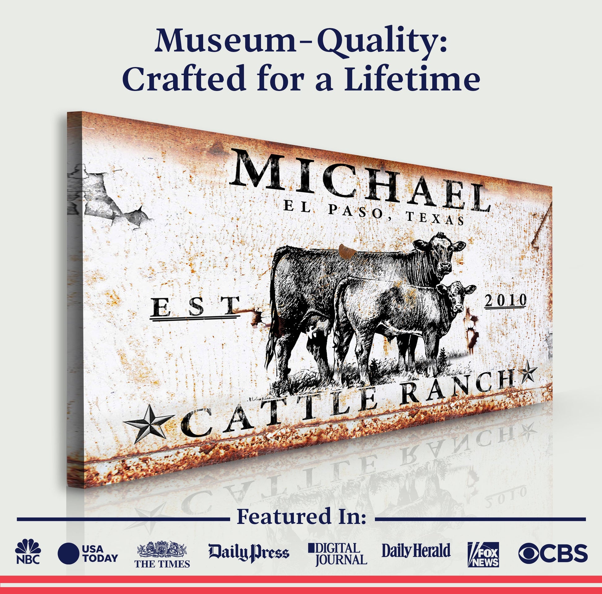 Cattle Ranch Sign II canvas featuring a rust backdrop and cattle illustration Tailored Canvases on Tampa Home & Garden Store