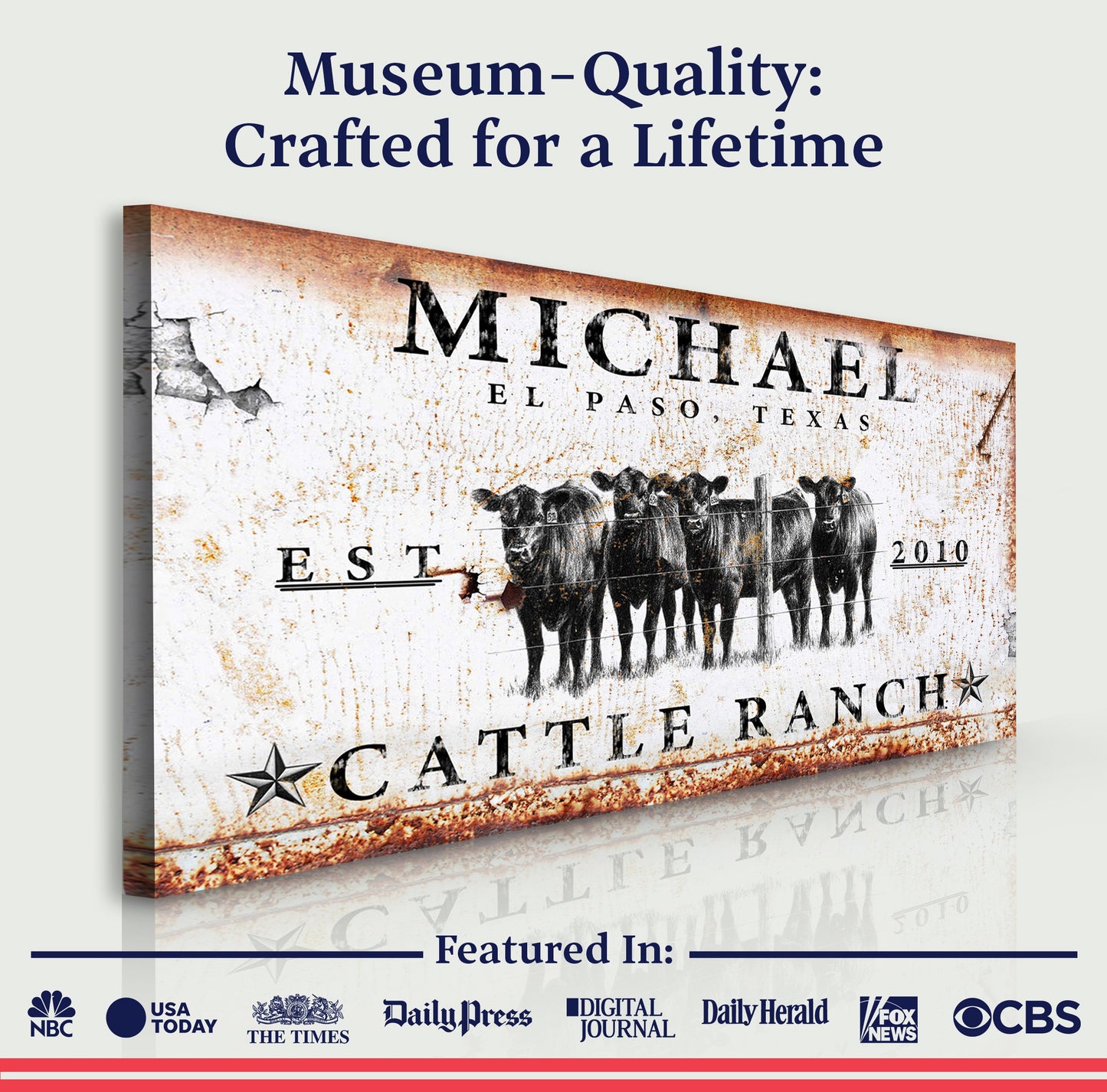 Cattle Ranch Sign IV canvas by Tailored Canvases with weathered rustic finish and cattle herd graphic on Tampa Home & Garden Store