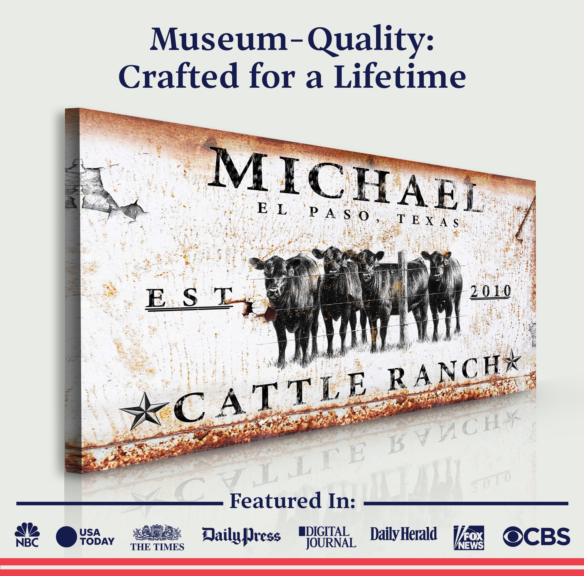 Cattle Ranch Sign IV canvas by Tailored Canvases with weathered rustic finish and cattle herd graphic on Tampa Home & Garden Store