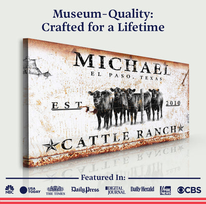 Cattle Ranch Sign IV canvas by Tailored Canvases with weathered rustic finish and cattle herd graphic on Tampa Home & Garden Store