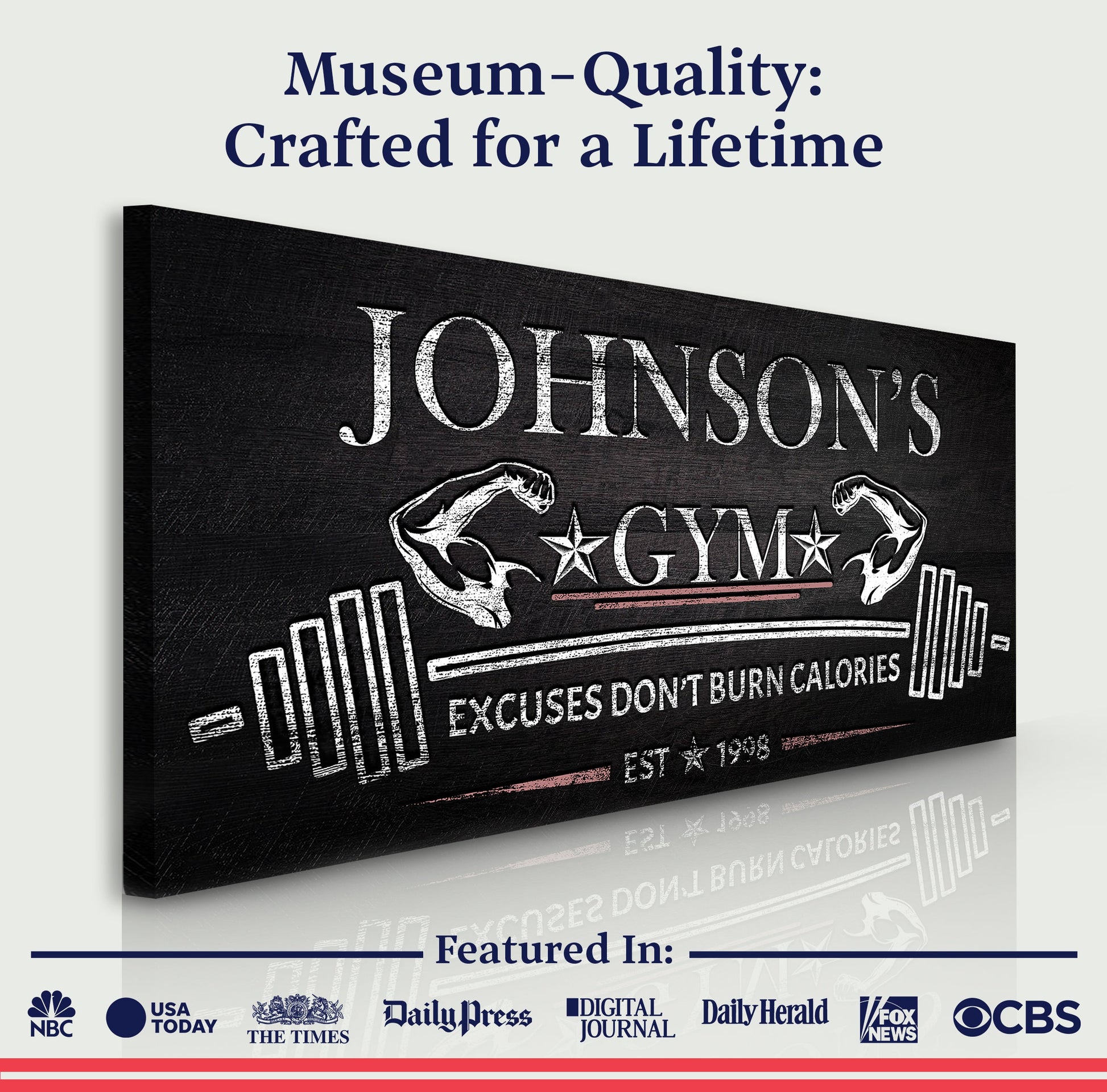 Gym Sign II canvas by Tailored Canvases; black distressed canvas with white JOHNSON'S lettering on Tampa Home & Garden Store