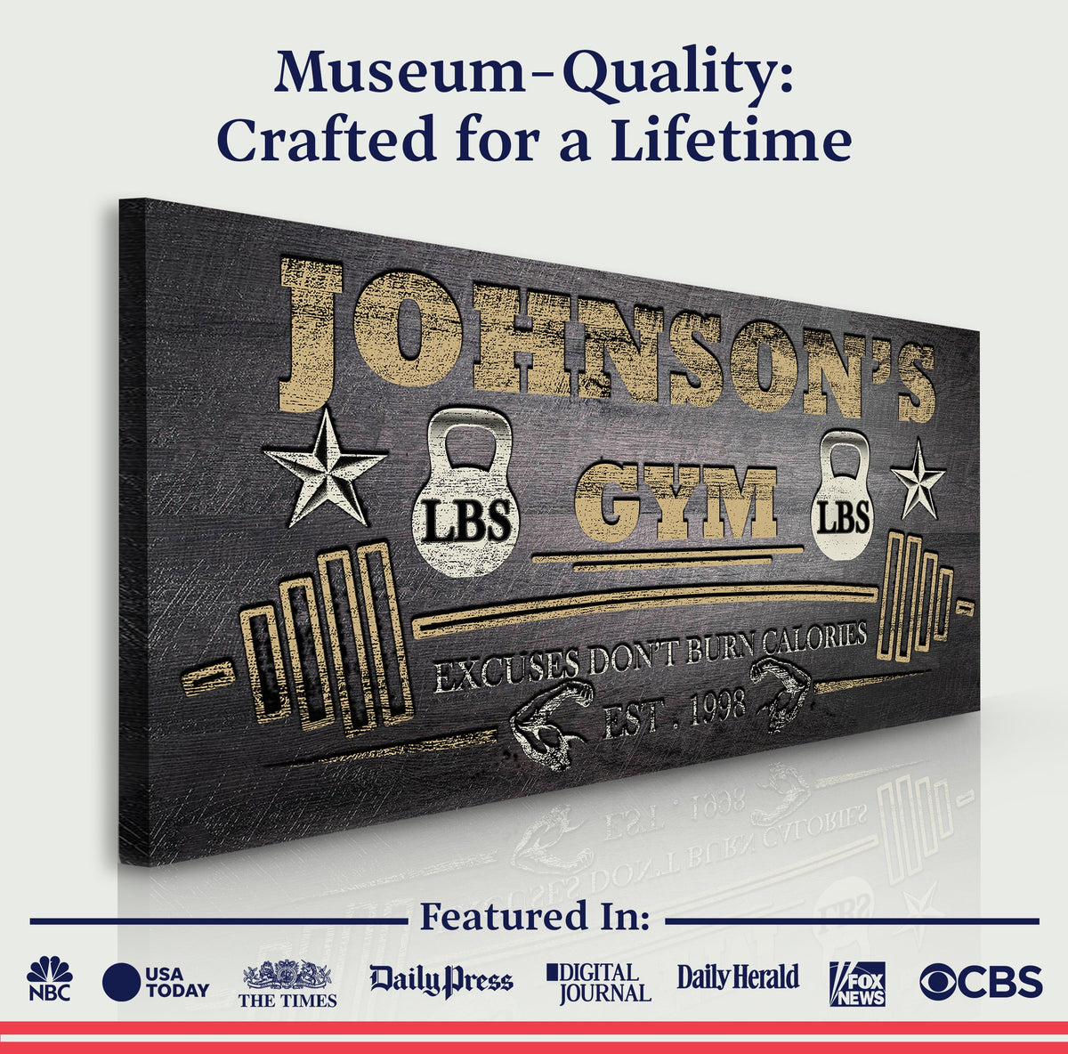 Gym Sign VIII canvas with distressed wood texture and gold lettering by Tailored Canvases on Tampa Home & Garden Store